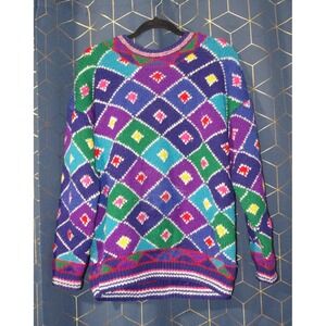 Vintage Lord and Taylor Knit Sweater Bright Rainbow Diamond Pattern 100% Wool M